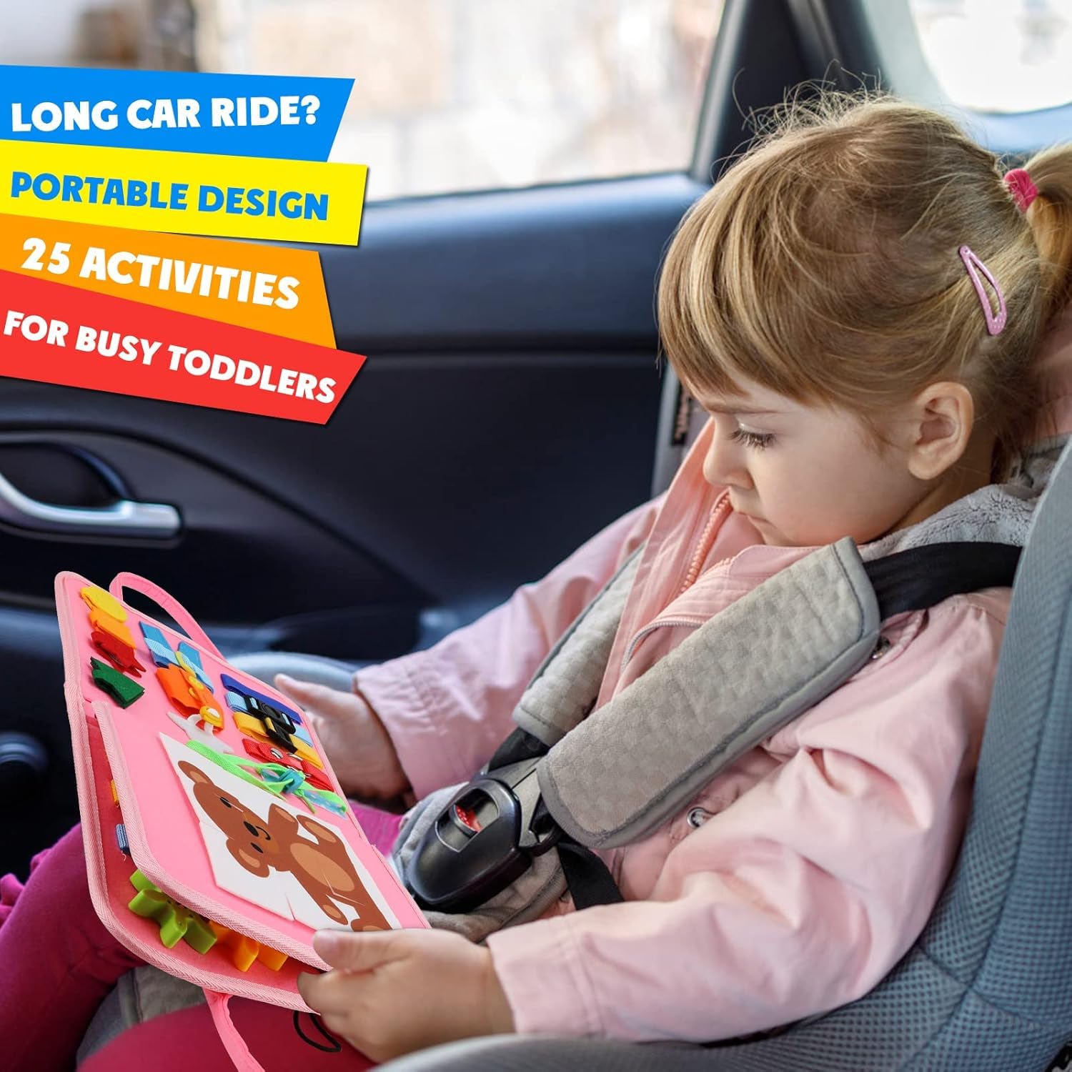 Usmile Toys educational busy board book for 1-3 year olds, open to show colorful felt activities including buttons, snaps, shoelaces, and an abacus clock." www.usmile.toys